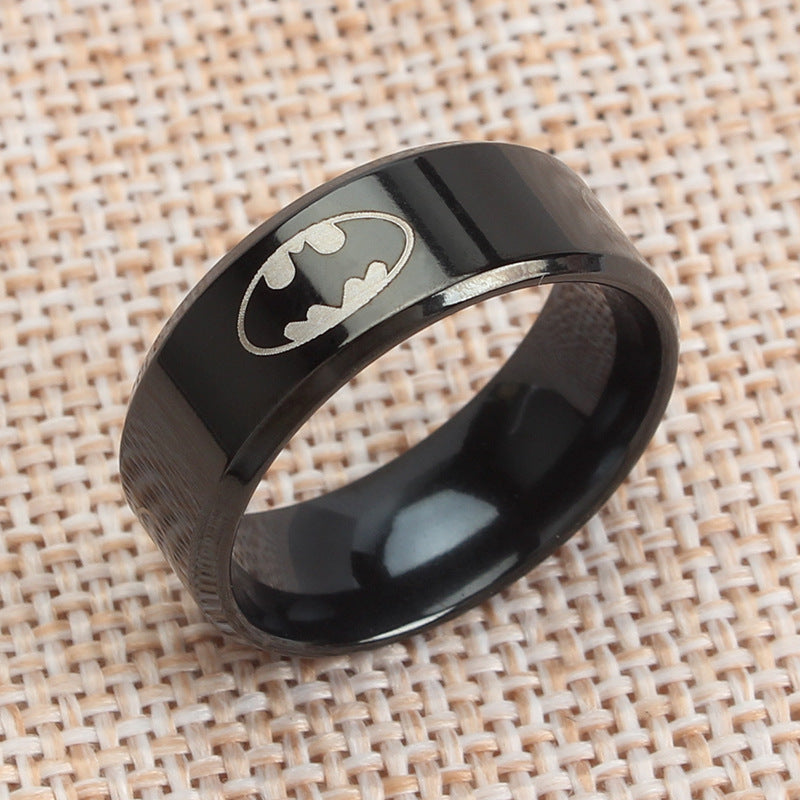 Unisex Rhinestone Engraved Batman Titanium Steel Ring for Halloween and Hip Hop Jewelry