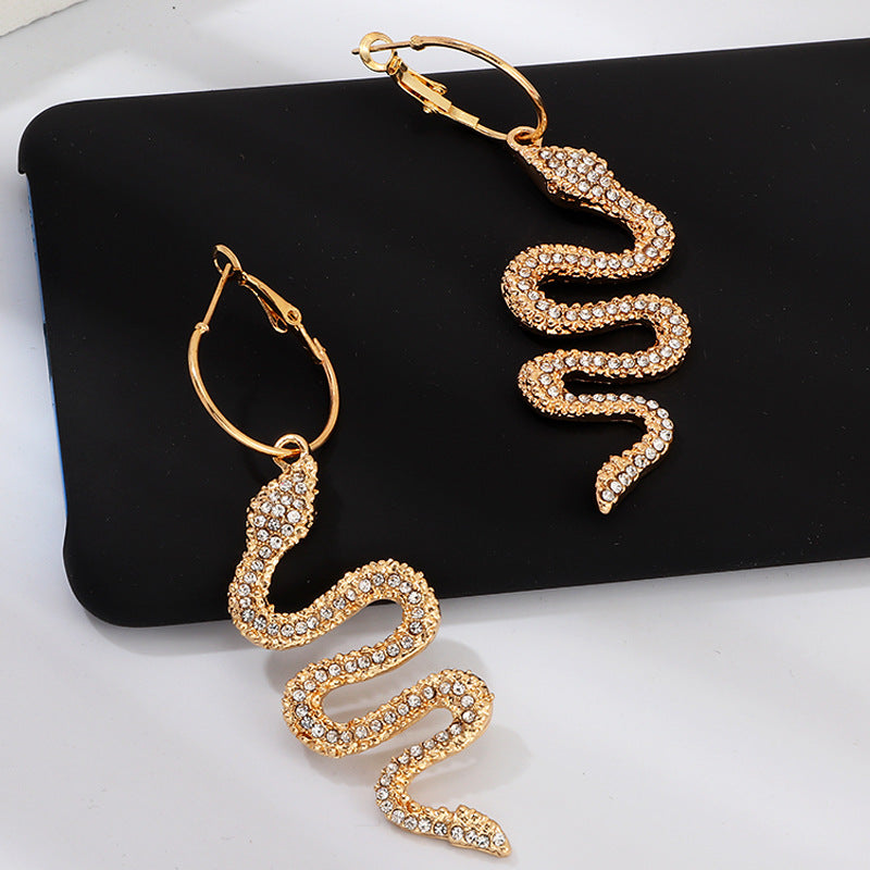Snake-Shaped Diamond Hoop Earrings Set - Creative Fashion Jewelry
