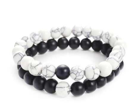 Fashion Zircon Crown Volcanic Stone and White Turquoise Matte Bracelet Set