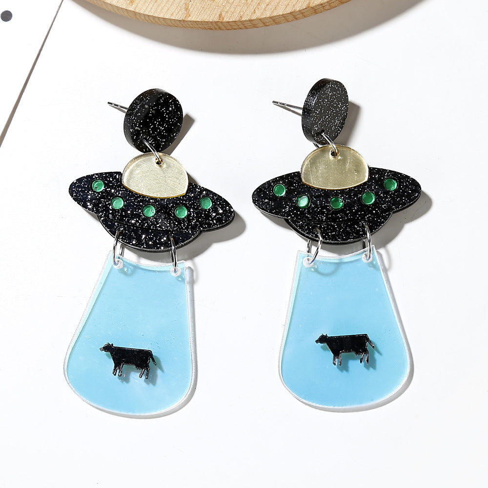 Acrylic UFO Spaceship Fluorescent Fashion Earrings for Women