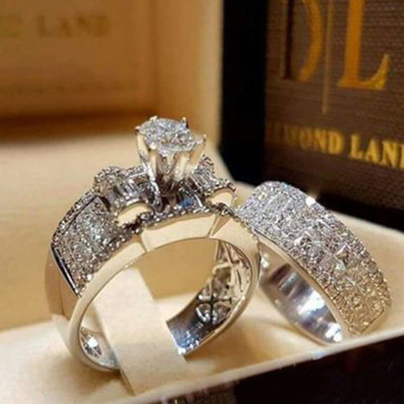 Geometric Zircon Inlaid Couple Rings Set - Creative Fashion Jewelry