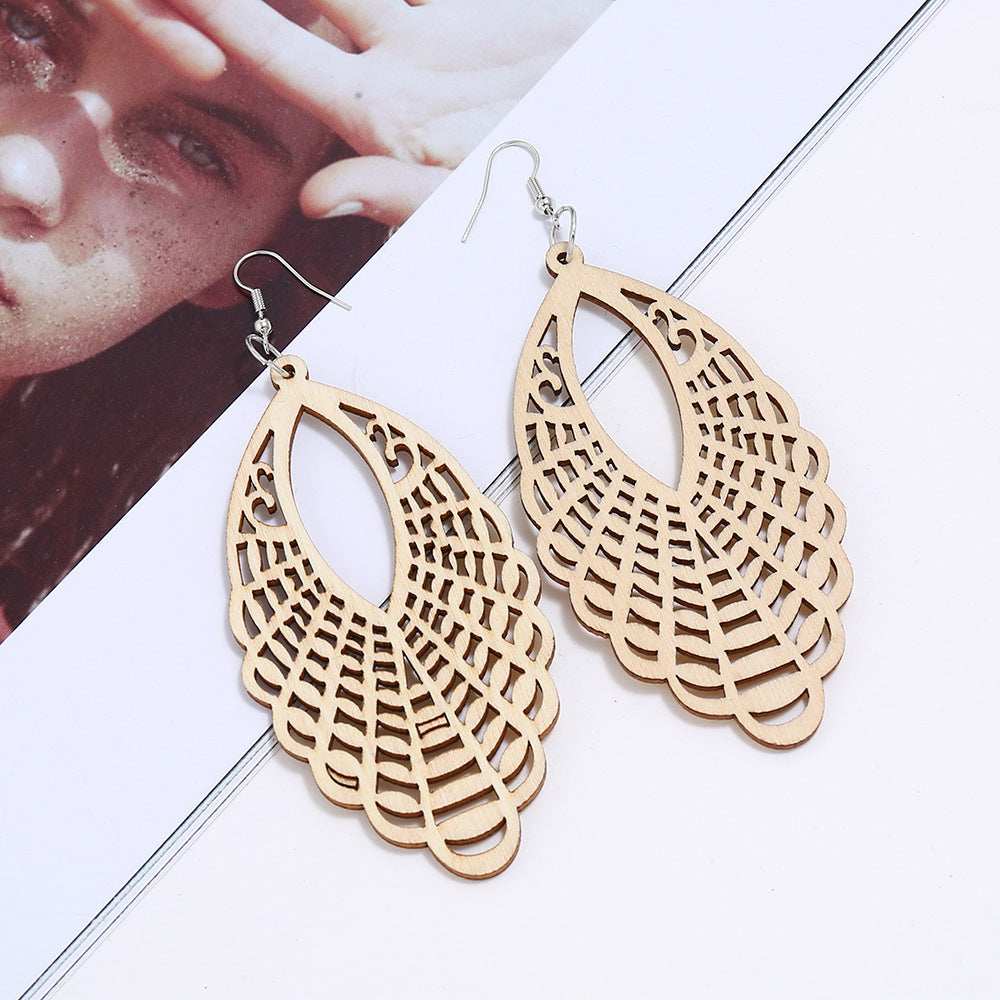 Exaggerated Carved Hollow Wood Geometric Long Earrings Retro Ear Hooks