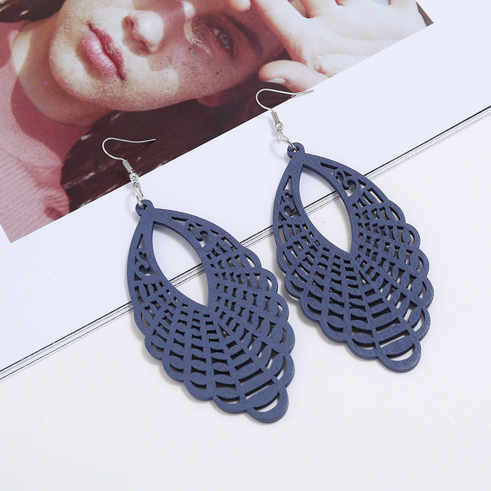 Exaggerated Carved Hollow Wood Geometric Long Earrings Retro Ear Hooks