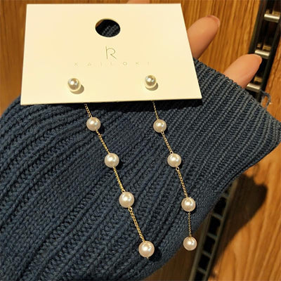 1 Pair Fashion Tassel Imitation Pearl Beaded Gold Plated Women's Long Drop Earrings