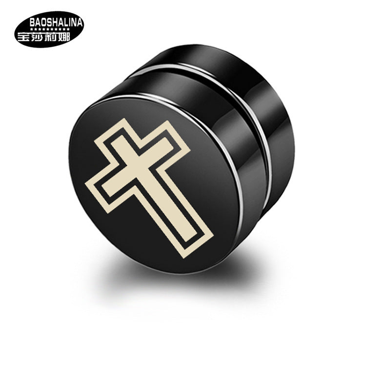 Simple Black Cross Titanium Steel Magnetic Clip-On Earrings