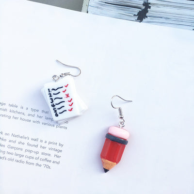 Creative Handmade Asymmetric Pencil and Test Paper Ear Hook Earrings