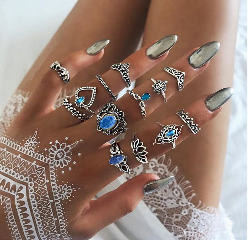 Bohemian Retro Star and Rose Flower Snake Ring Set - 12 Piece Geometric Knuckle Rings for Women