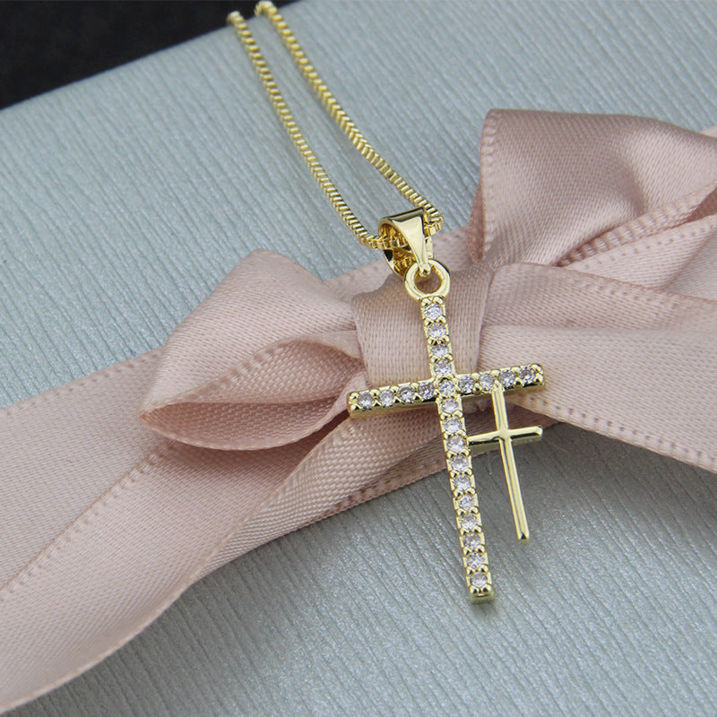 Double Cross Pendant Necklace with Copper Plated White Zircon