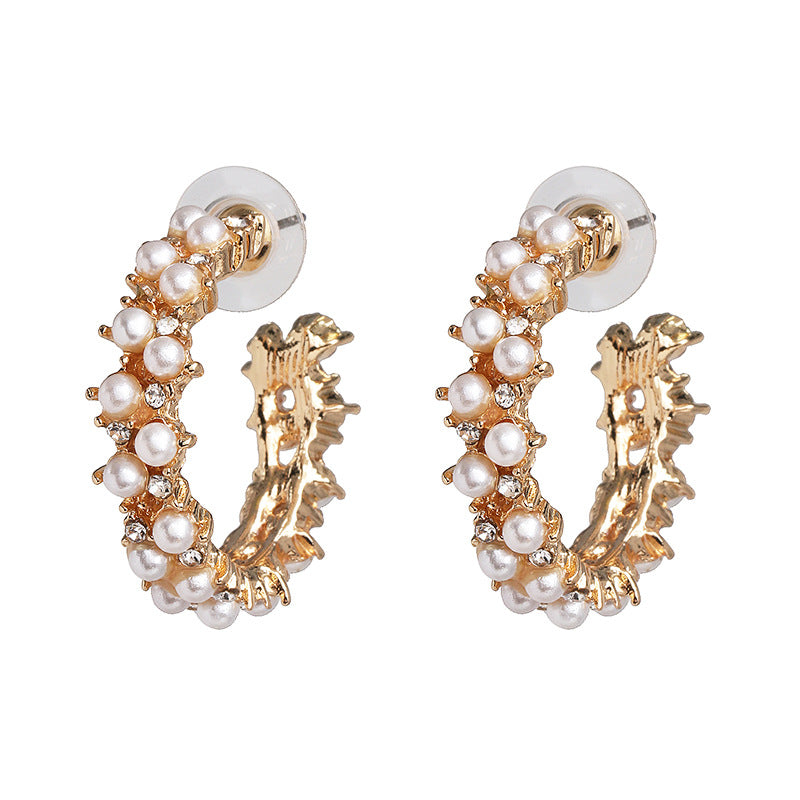 Geometric Pearl Alloy Diamond Statement Earrings
