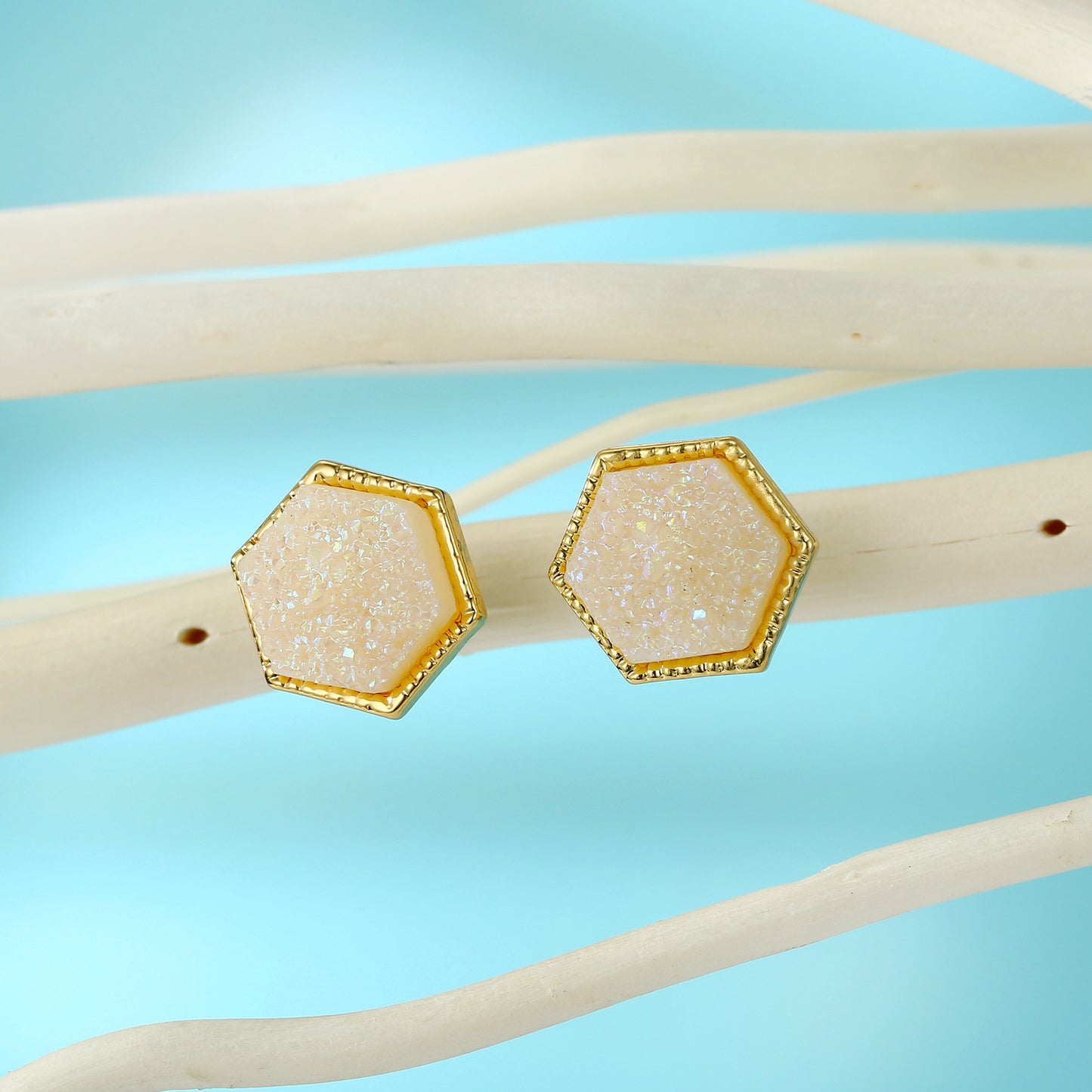 Hexagon Resin Stone Earrings & Triangle Bud Studs