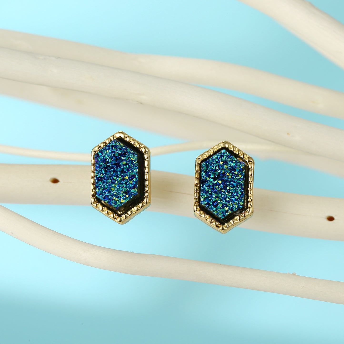 Hexagon Resin Stone Earrings & Triangle Bud Studs