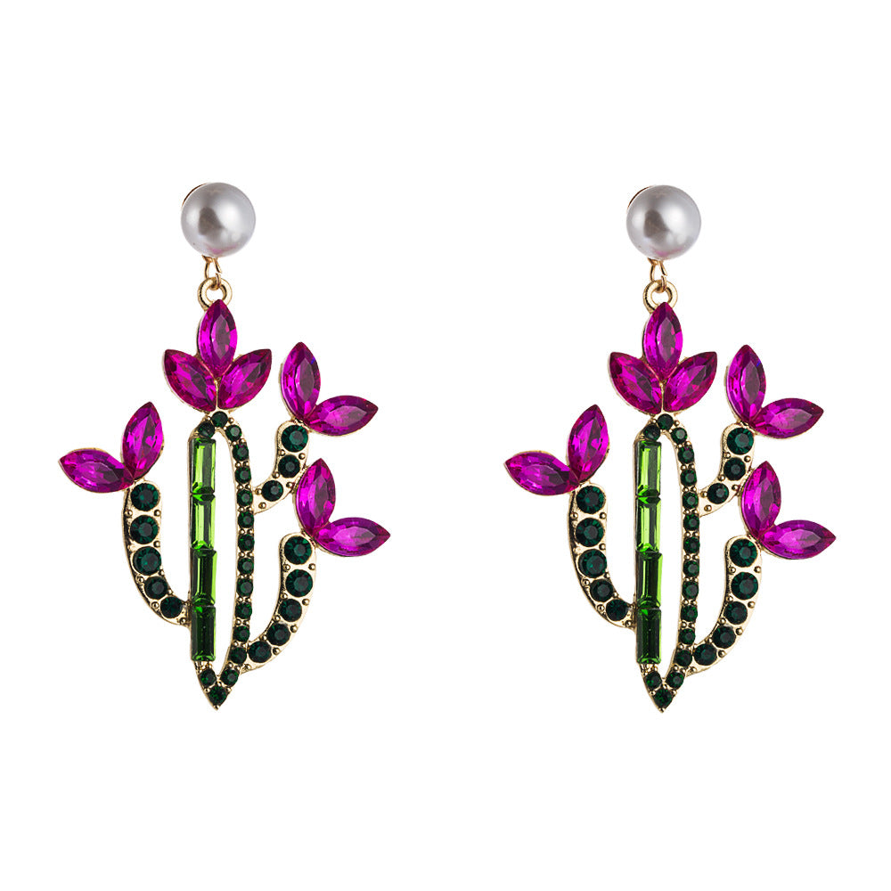 European American Creative Cactus Alloy Earrings with Colorful Rhinestones