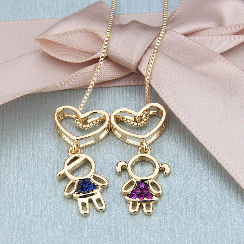 Simple Inlaid Zirconium Heart-shaped Boy and Girl Pendant Necklace