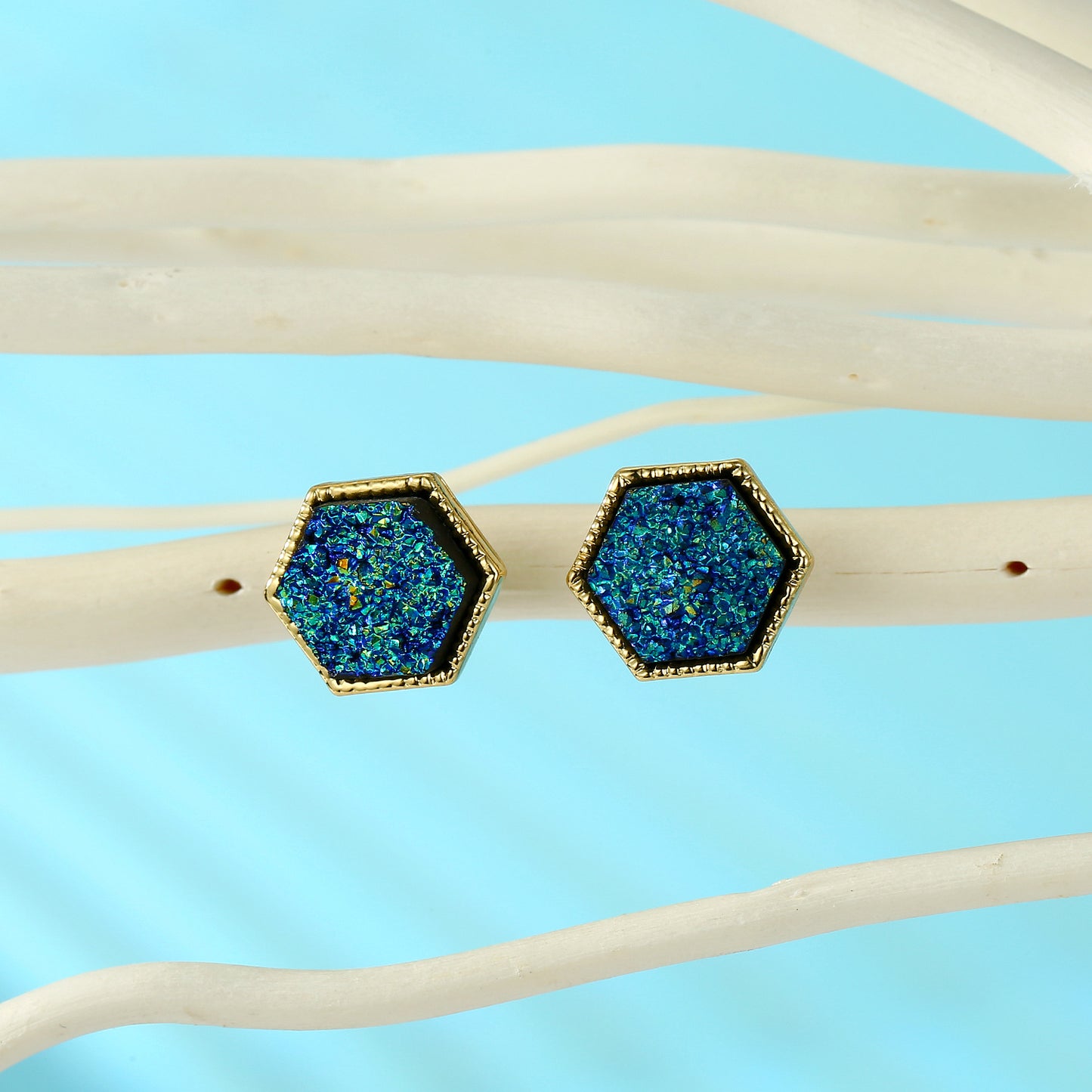 Hexagon Resin Stone Earrings & Triangle Bud Studs