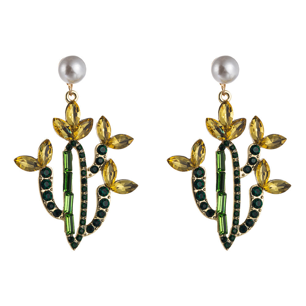 European American Creative Cactus Alloy Earrings with Colorful Rhinestones