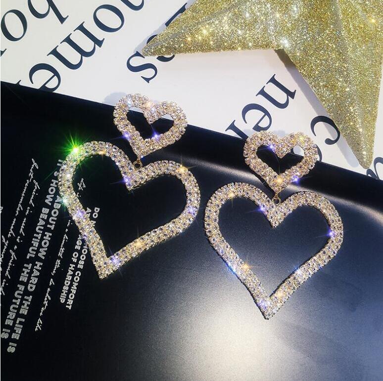 Exaggerated Double Heart Flash Diamond Long Drop Earrings