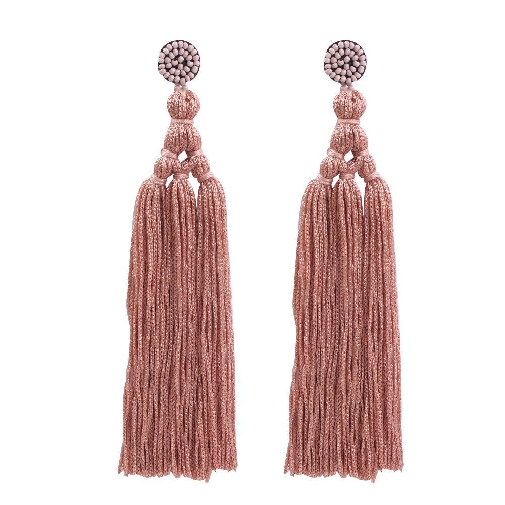 Bohemian Tassel Beaded Polyester Braid Handmade Drop Earrings for Women