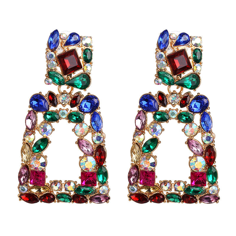 Geometric Diamond-Studded Hollow Drop Earrings