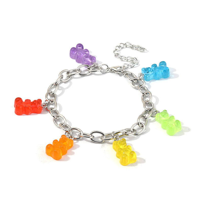Candy Color Bear Pendant Silver Chain Bracelet for Women