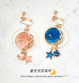 Asymmetric Blue Starry Sky Moon and Planet Earrings
