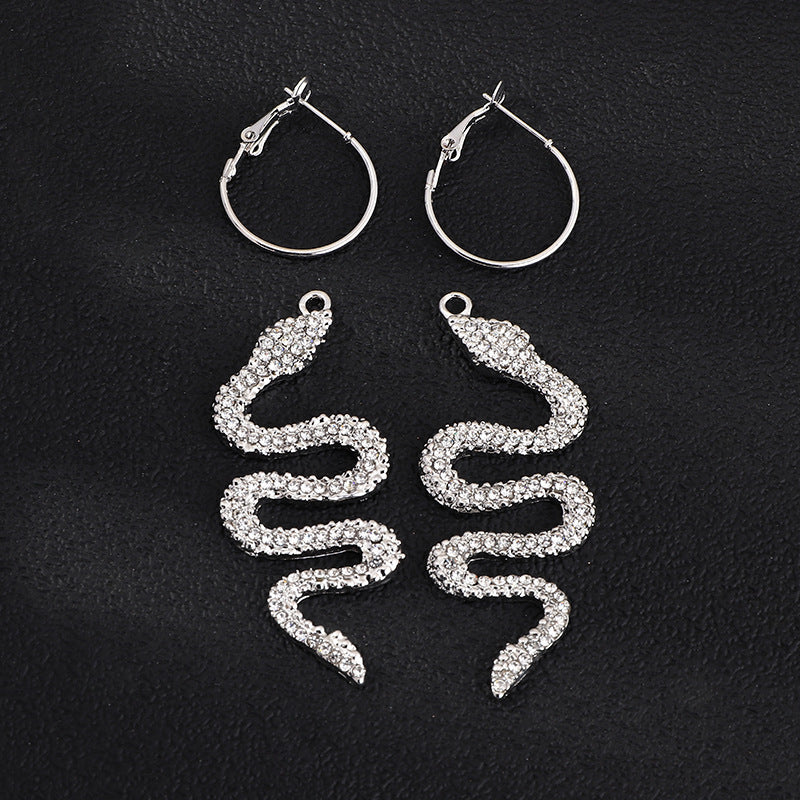 Snake-Shaped Diamond Hoop Earrings Set - Creative Fashion Jewelry