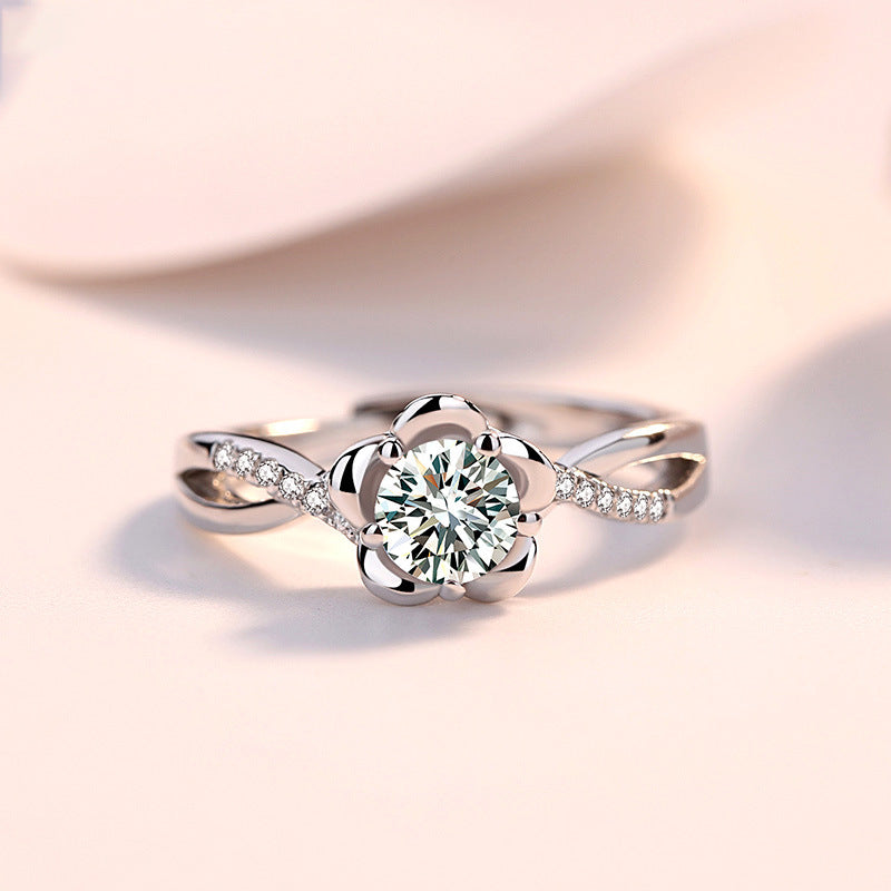 Sterling Silver Zircon Flower Open Ring - Unique Design Valentine's Gift