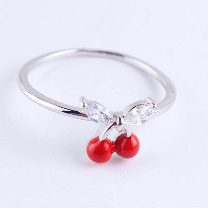 Korean Fashion Cherry Zircon Earrings and Strawberry Friendship Rings Set