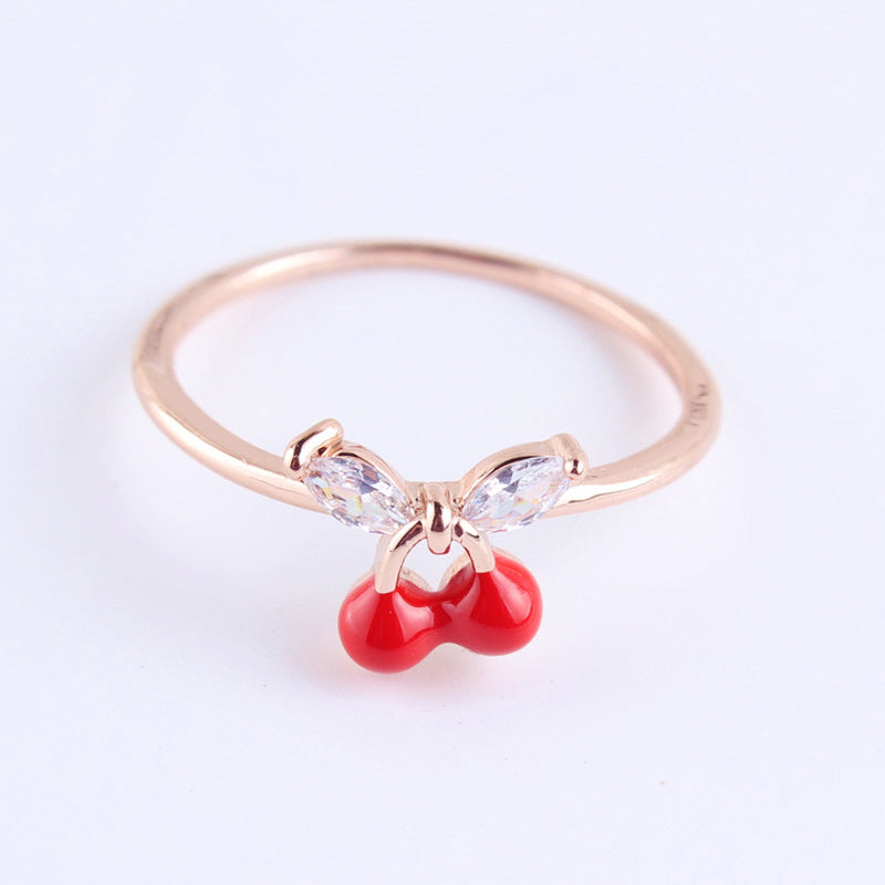 Korean Fashion Cherry Zircon Earrings and Strawberry Friendship Rings Set
