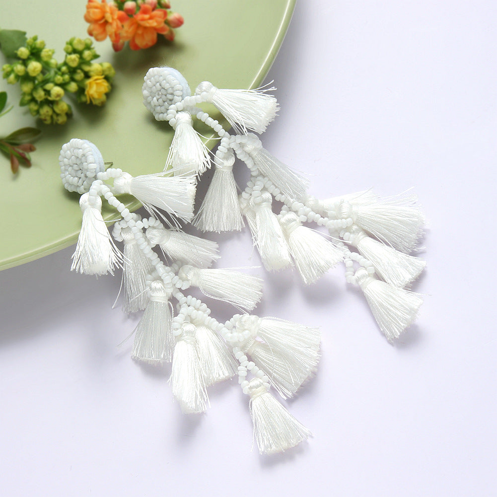 Bohemian Hand-Knitted Rice Beads Fan Tassel Earrings