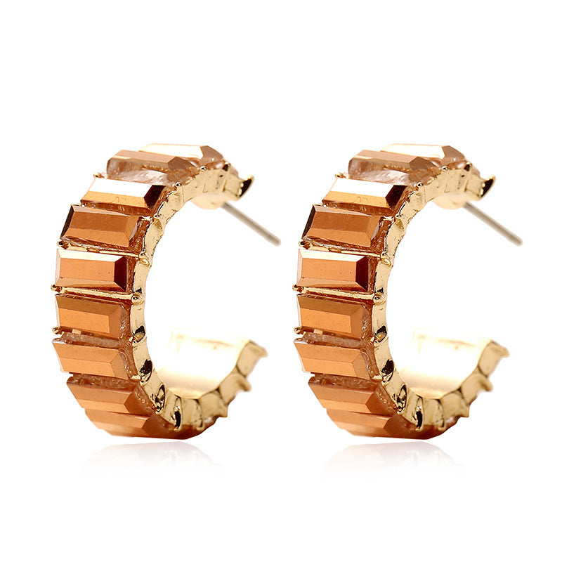 Korean Vintage Colorful Rhinestone C-Shaped Earrings