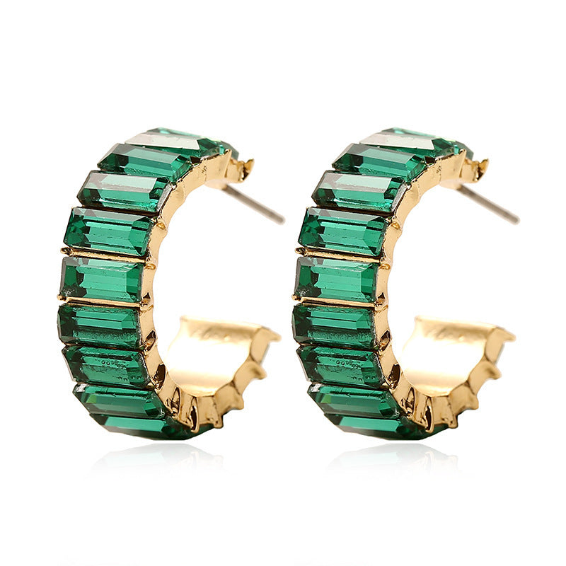 Korean Vintage Colorful Rhinestone C-Shaped Earrings