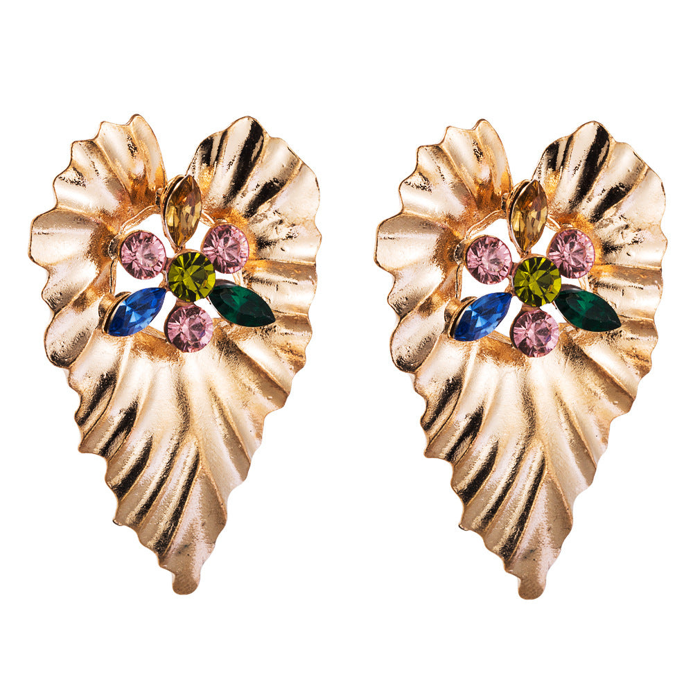 New Fashion Exaggerated Alloy Inlaid Color Rhinestone Heart-shaped Bohemian Earrings