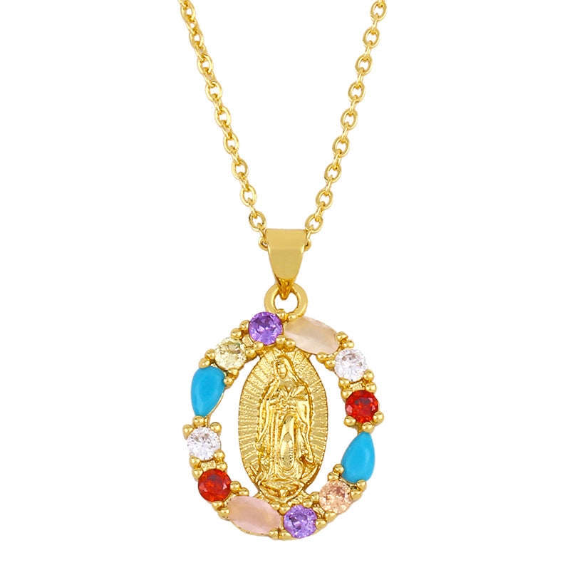 Virgin Mary Heart Shaped Geometric Pendant Necklace with Colorful Zircon Stones