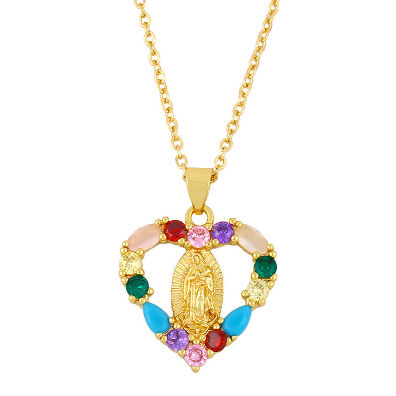 Virgin Mary Heart Shaped Geometric Pendant Necklace with Colorful Zircon Stones