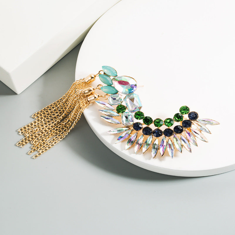 New Fashion Geometric Rhinestone Chain Tassel Earrings and Ear Clips
