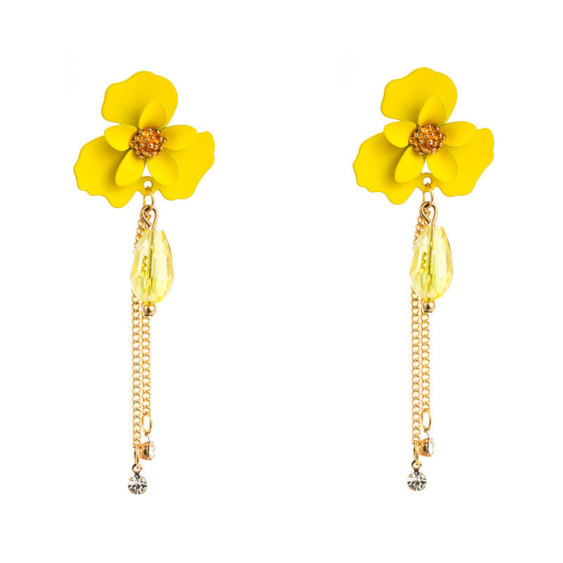 Korean Summer Fashion Crystal Flower Long Tassel Alloy Earrings