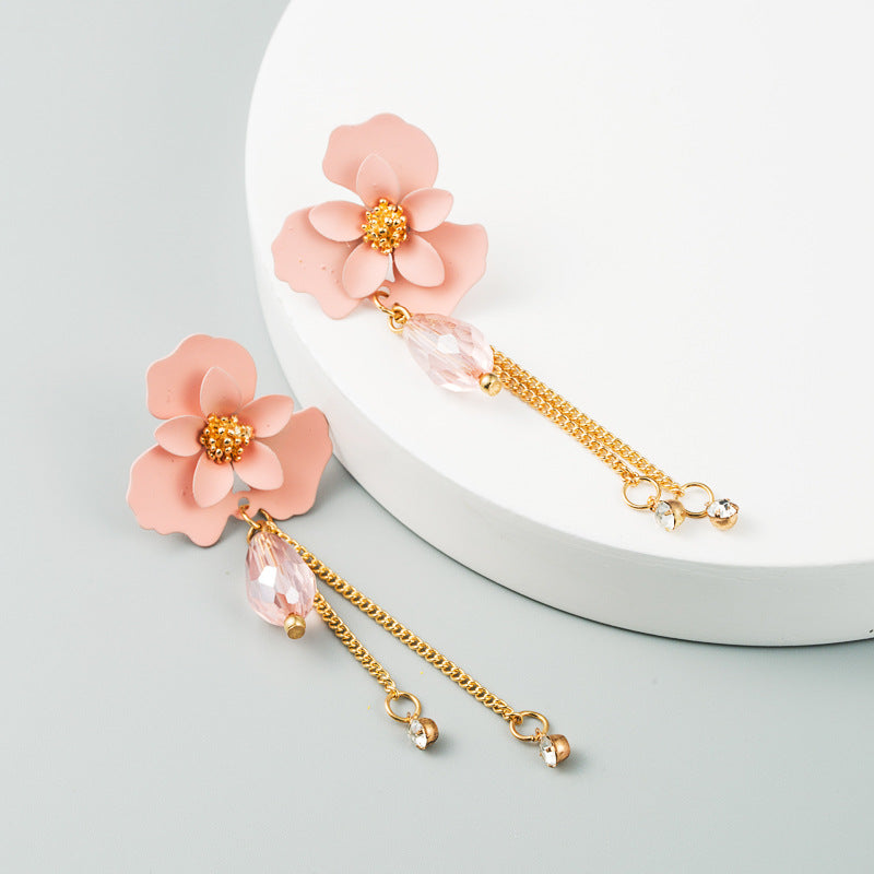 Korean Summer Fashion Crystal Flower Long Tassel Alloy Earrings