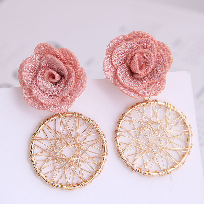 Korean Fashion Sweet Flower Metal Mesh Long Drop Earrings Fashion Jewelry