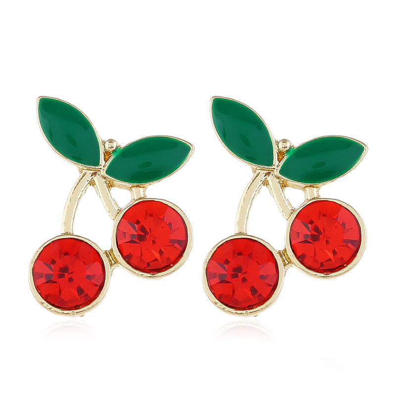 Korean Cherry Diamond Earrings for Women - 925 Silver Studs with Enamel Fruit Design