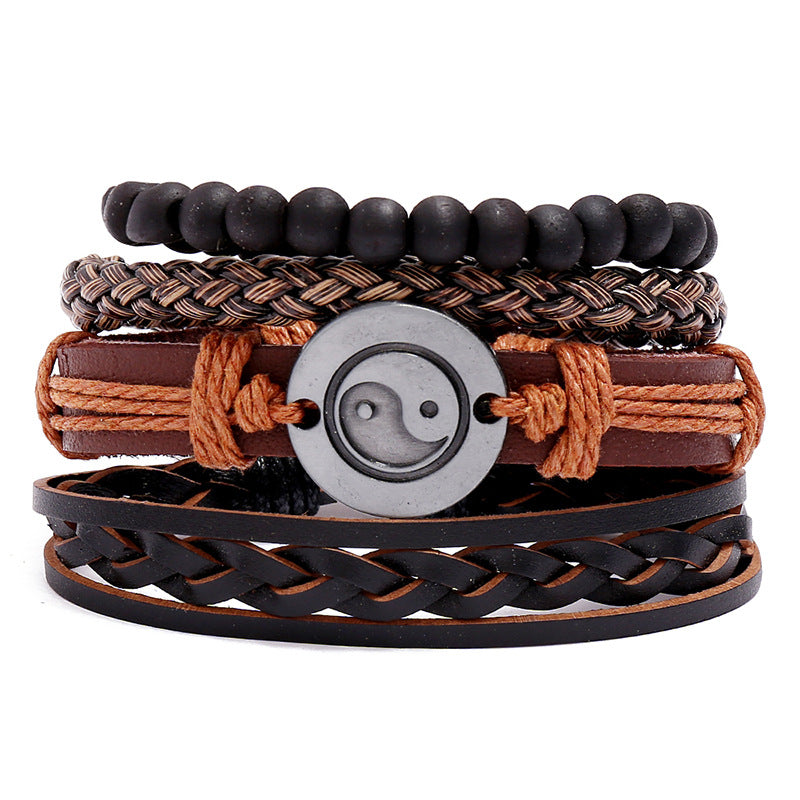 Punk Style PU Leather Woven Bracelet for Men and Women - Yin Yang Design