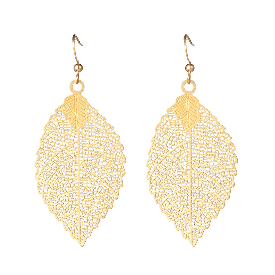 Korean Style Hollow Carved Metal Leaf Drop Earrings