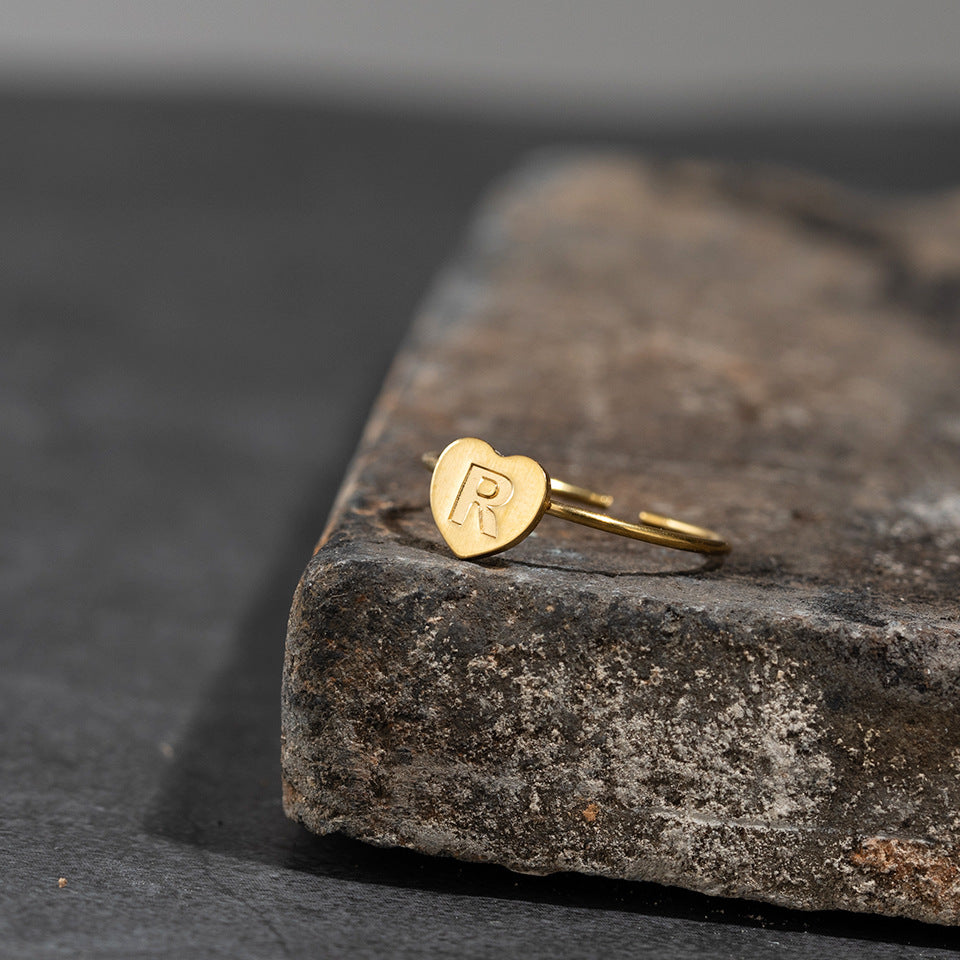 Fashion Alphabet 26 Letters Gold Stainless Steel Ring