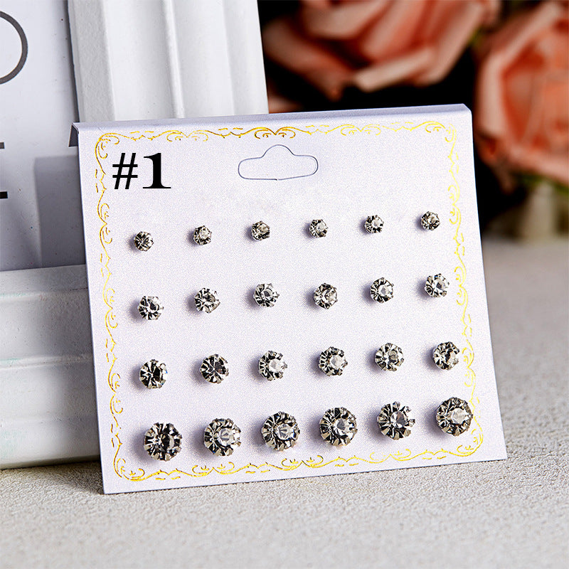 Fashion Geometric Zircon Inlay Stud Earrings Set - 12 Pairs