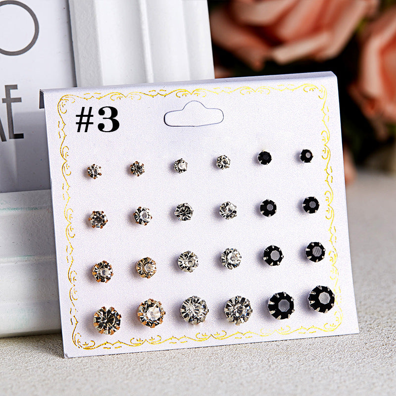 Fashion Geometric Zircon Inlay Stud Earrings Set - 12 Pairs