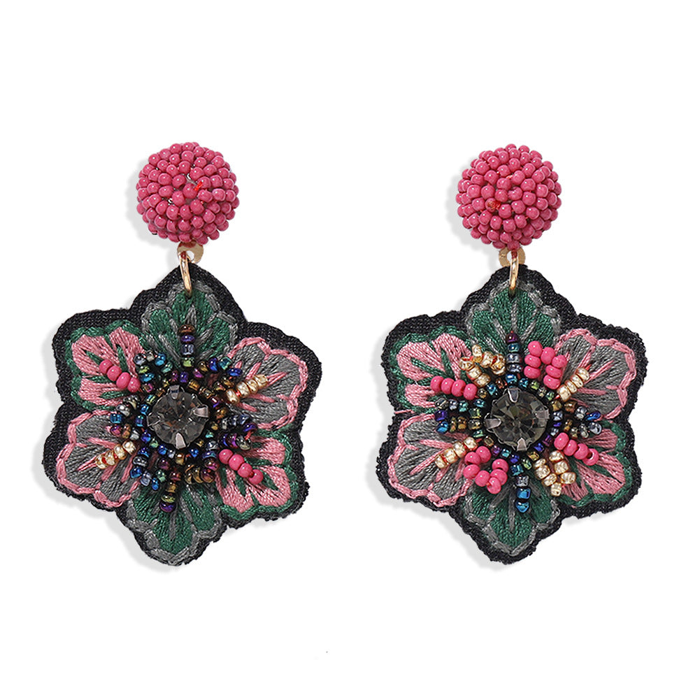 Vintage Embroidery Fabric Handmade Bead Earrings with Retro Floral Design
