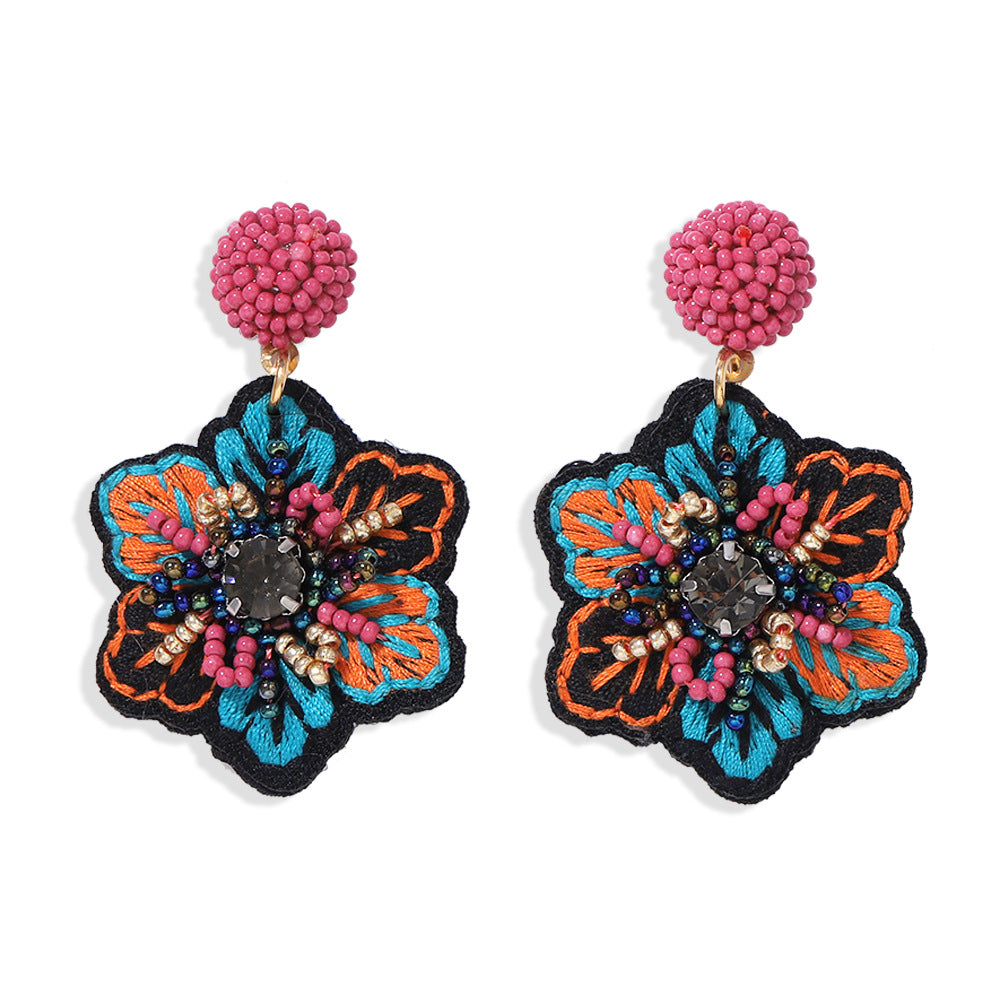 Vintage Embroidery Fabric Handmade Bead Earrings with Retro Floral Design