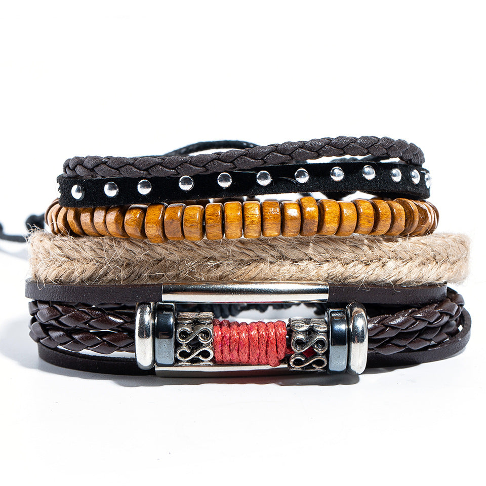 Retro Multi-layer Braided Leather Beaded Bracelet Set for Men
