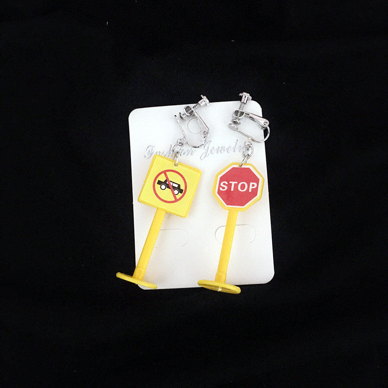 Geometric Letter Acrylic Ear Clips and Traffic Sign Novelty Necklace Set