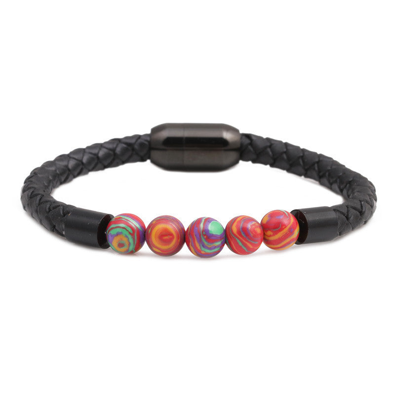 Titanium & Stainless Steel Geometric Bracelet with 8mm Colorful Tiger Eye Beads and Magnetic Clasp