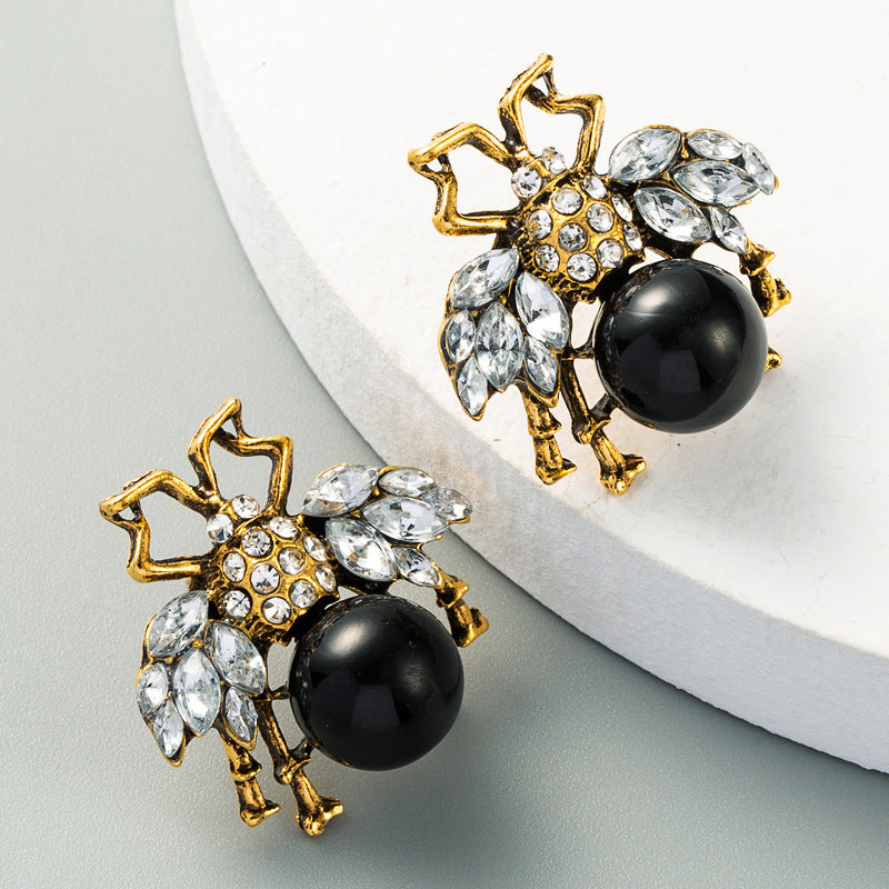 Retro Bee Pearl Rhinestone Stud Earrings